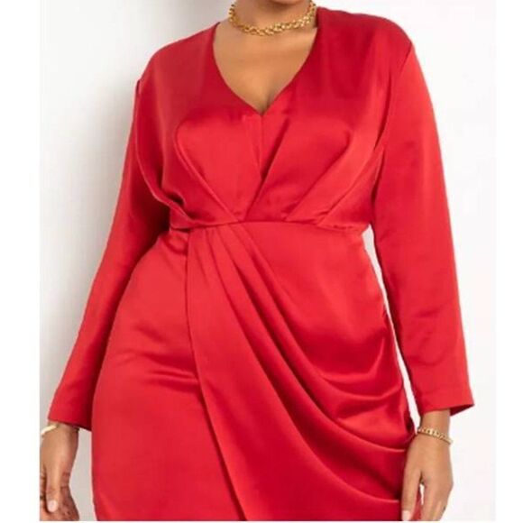 Eloquii Women Plus Size Red Satin Draped Mini‎ Party Dress - Picture 4 of 4
